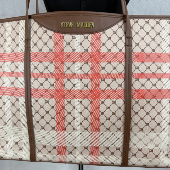 NWOT Steve Madden Plaid X Large Tote Bag Purse Travel Beach Cottagecore Cruise - Picture 4 of 9